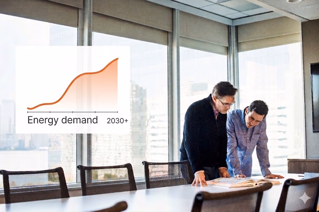 Two business leaders reviewing rising energy demand