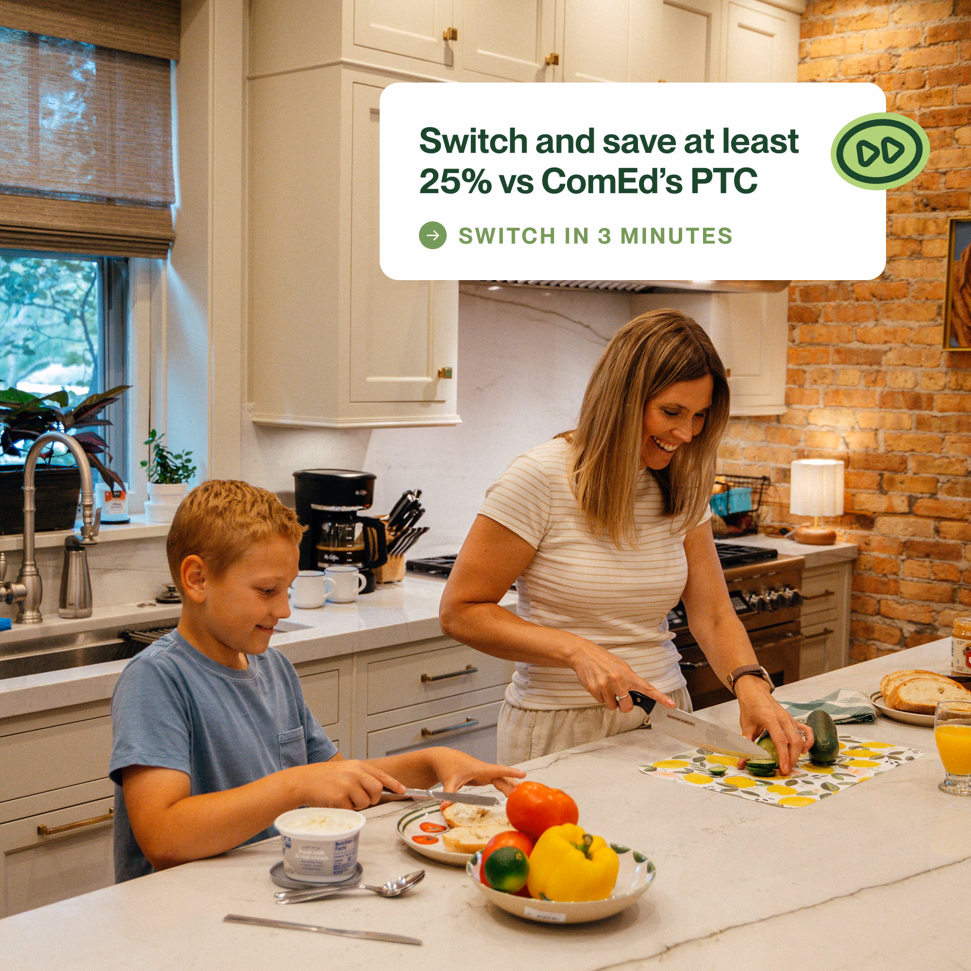 A mother and son preparing food in their kitchen