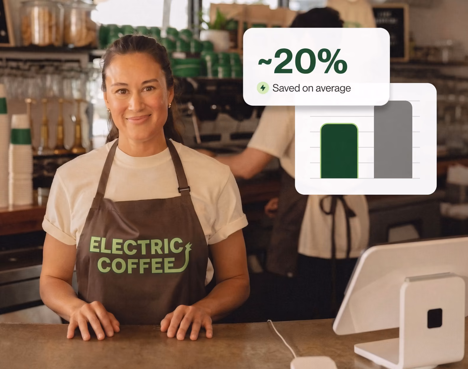 A coffee shop owner behind the counter of her Texas cafe, with a callout reading ~20% saved on average