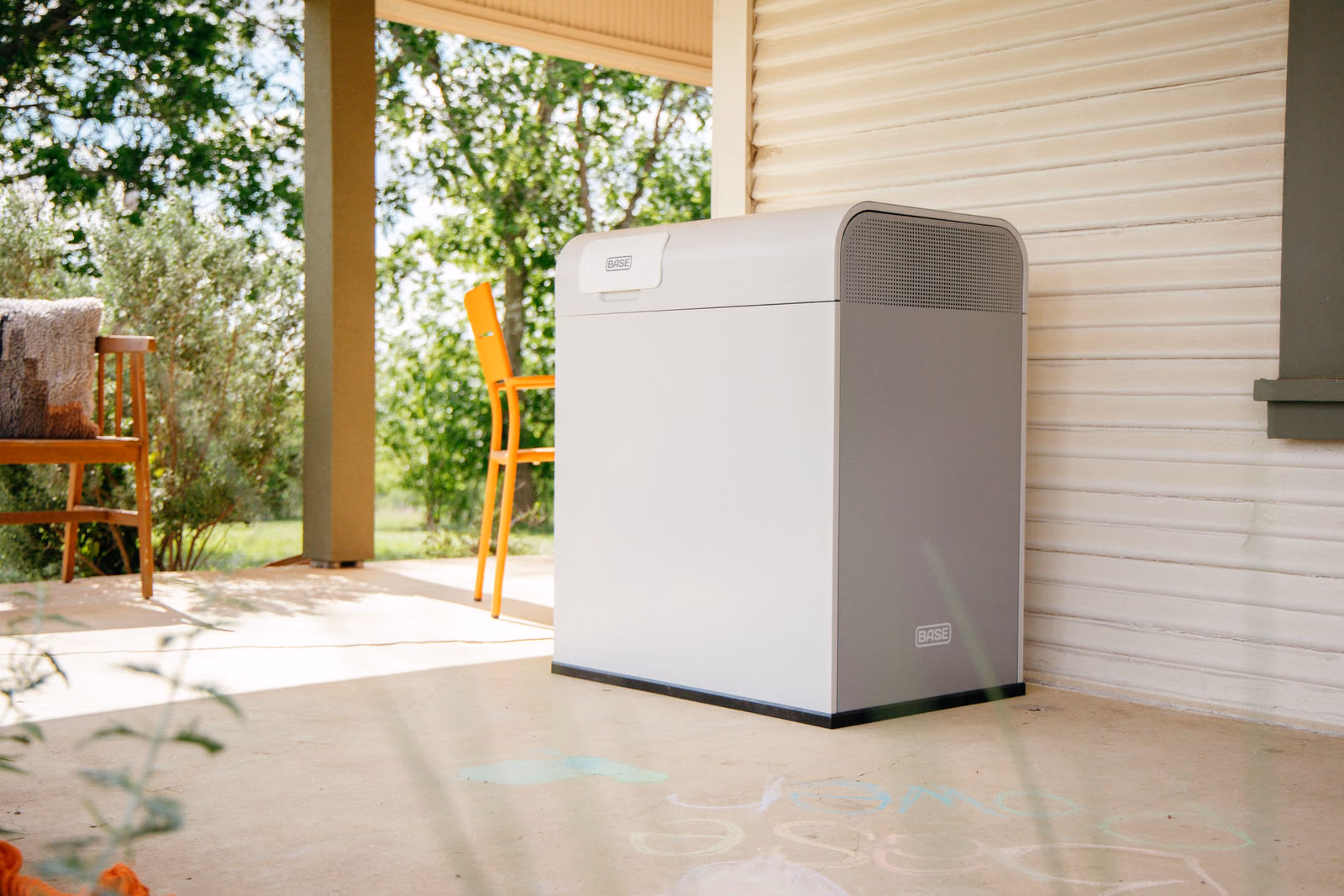 A Base Power battery installed on a home's porch