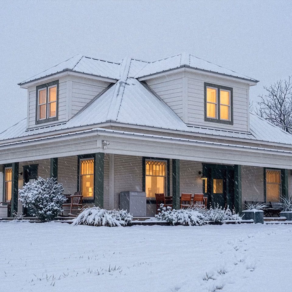 A snow-covered farmhouse with every window lit and a Core battery on the porch