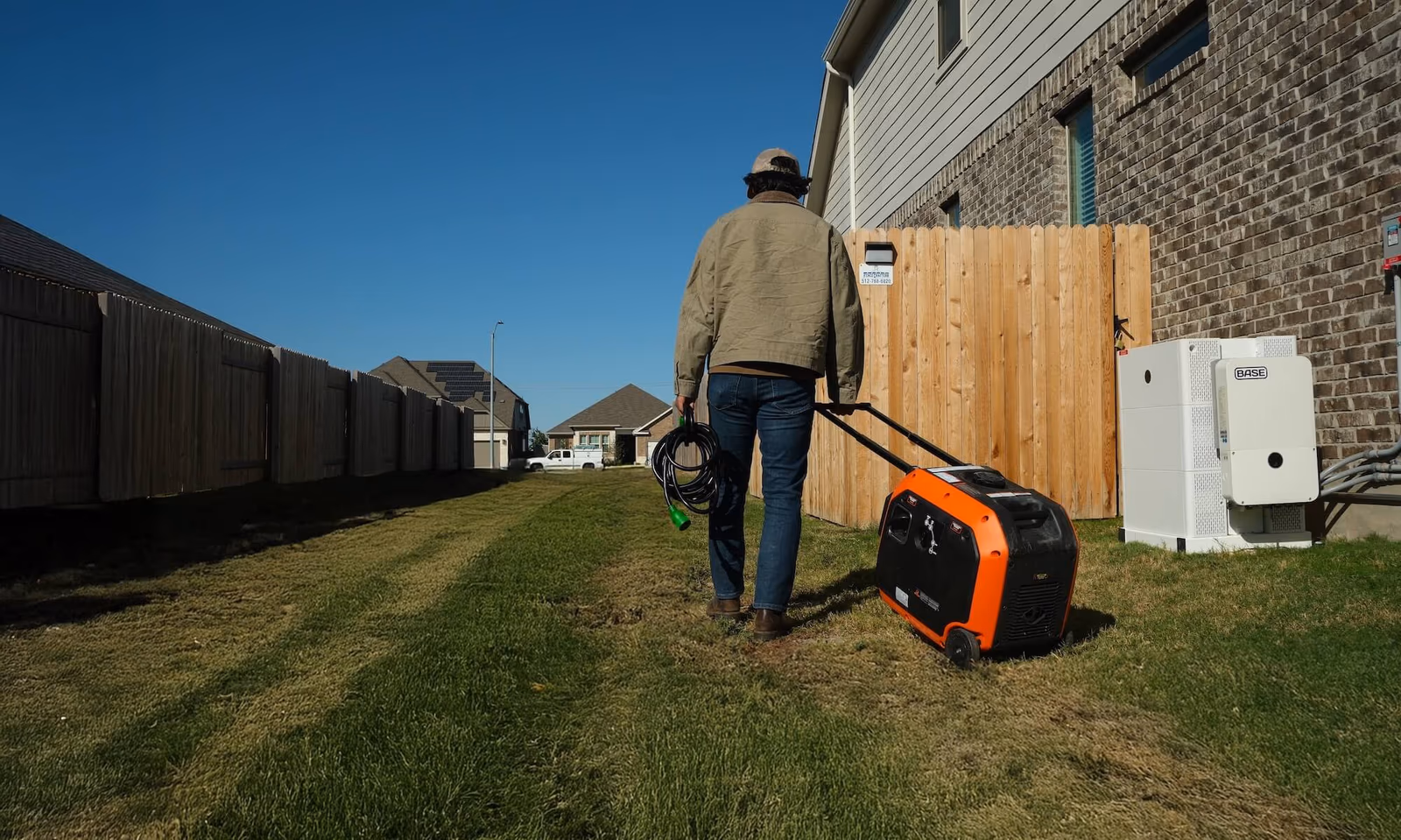 A homeowner wheeling a portable generator to a Base battery
